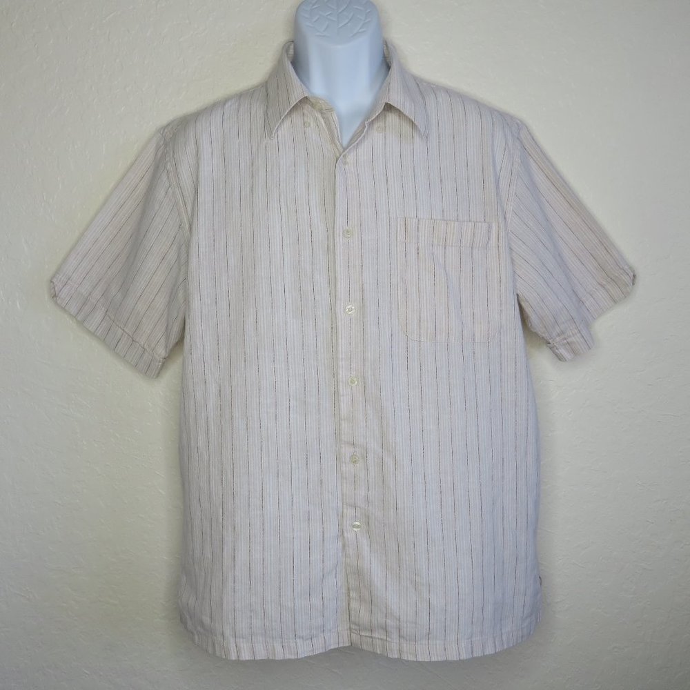 Bohio* Men's Short Sleeve Button Down Straight Hem‎ Linen Stripe Shirt~ Large